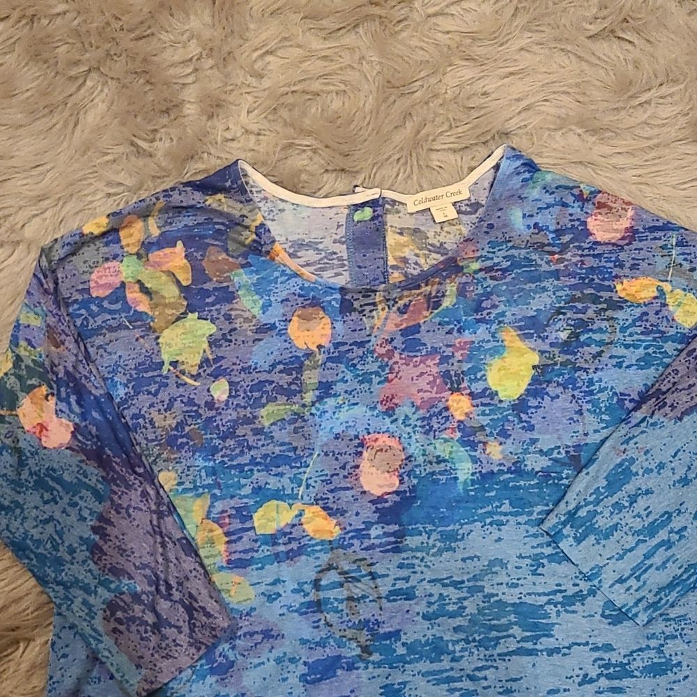 Coldwater creek womens blue quarter sleeve sheer floral shirt with button back - Picture 2 of 7